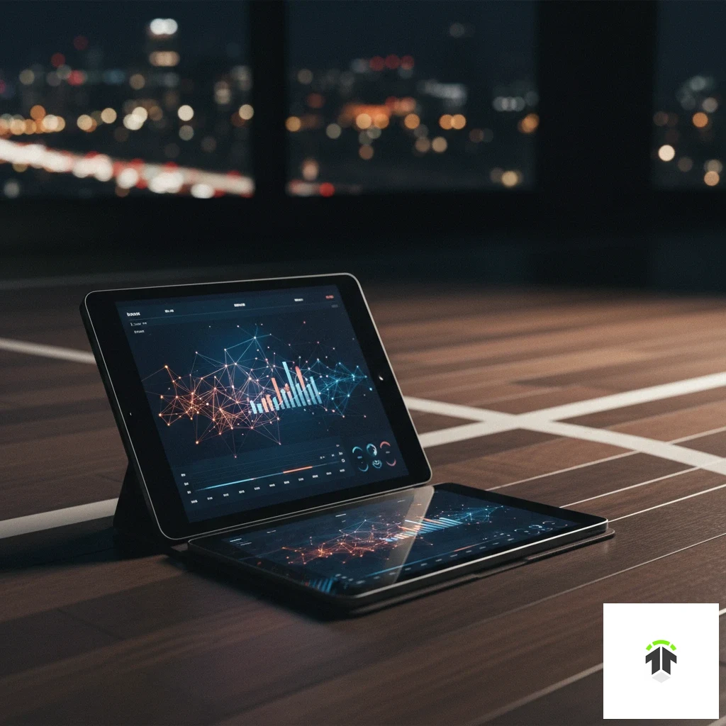 Basketballfeld mit digitaler Punkteanzeige und Quotenanalyse auf einem Tablet